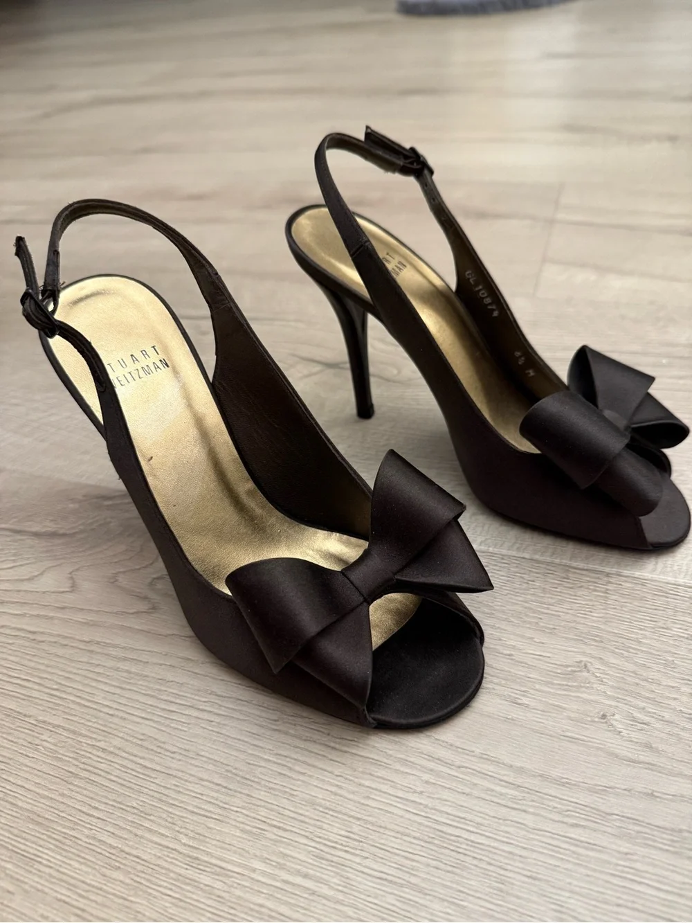 Stuart Weitzman Chocolate Satin Slingback Peep-Toe Heels with Bow